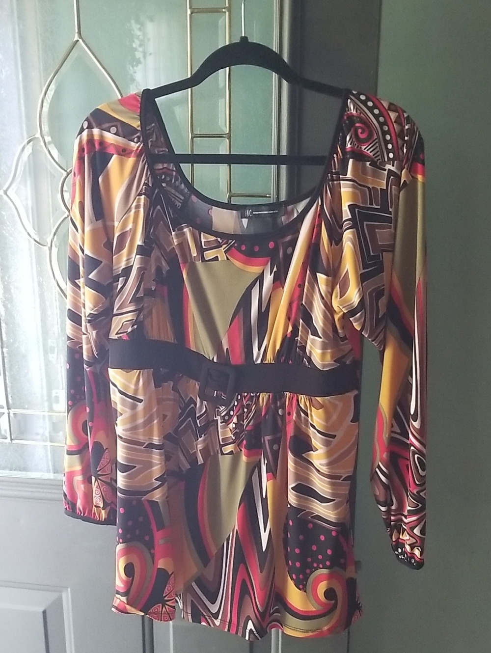 INC International Concepts Black-Trim Geometric Print Top
